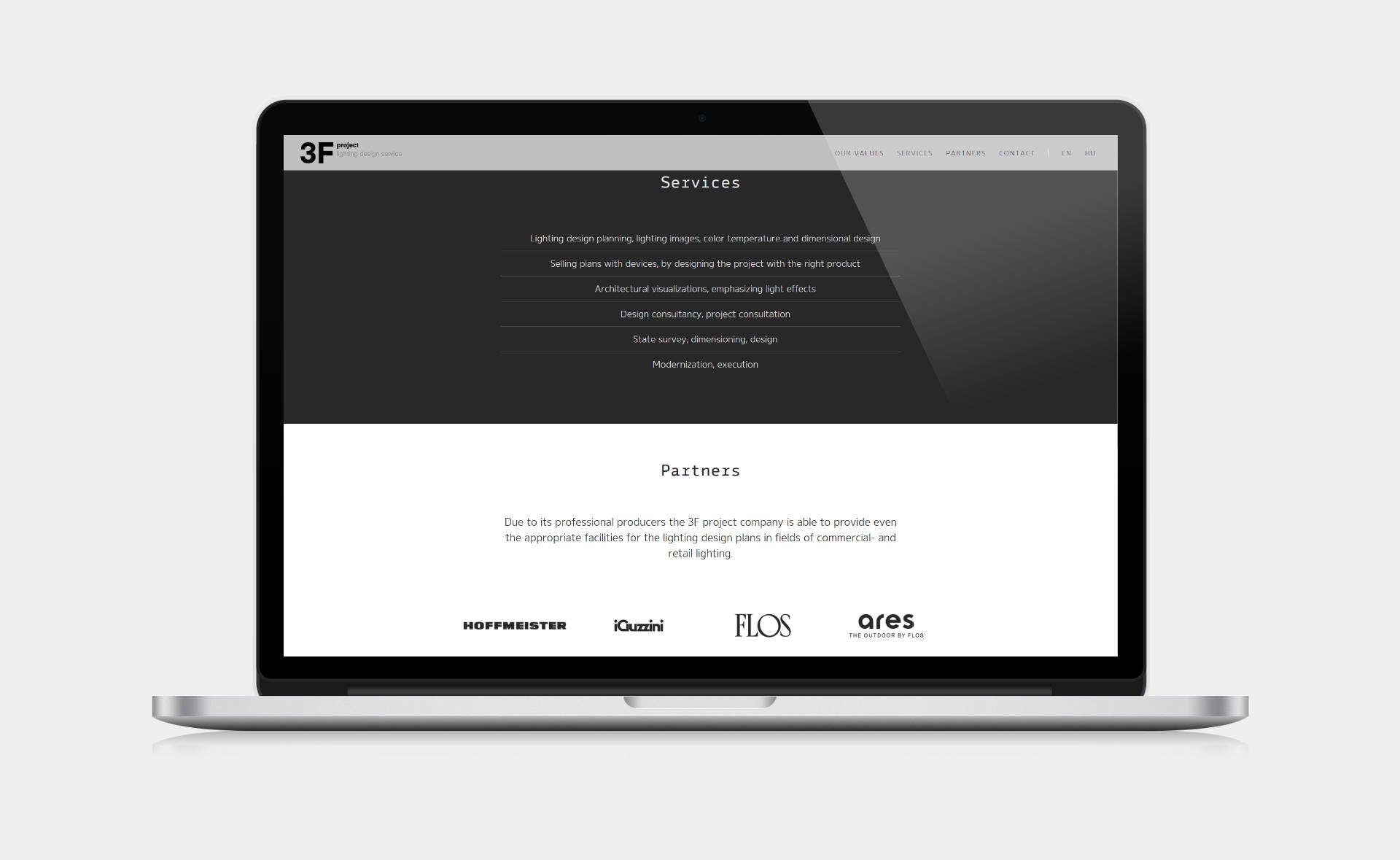 Landing page design, and bespoke WordPress website building for 3F Project's retail lighting service home page on desktop
