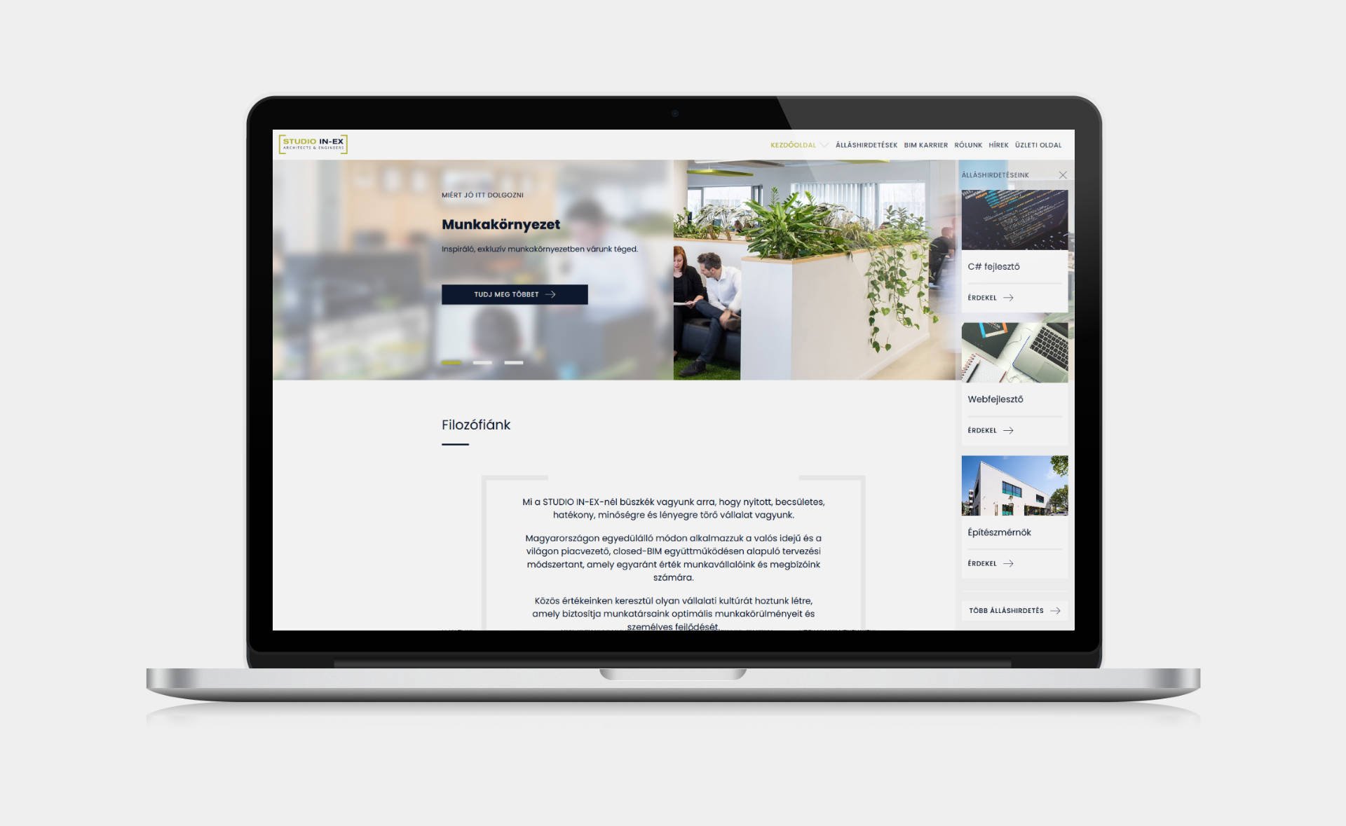 Career portal design and development for STUDIO IN-EX Zrt. Home page on desktop