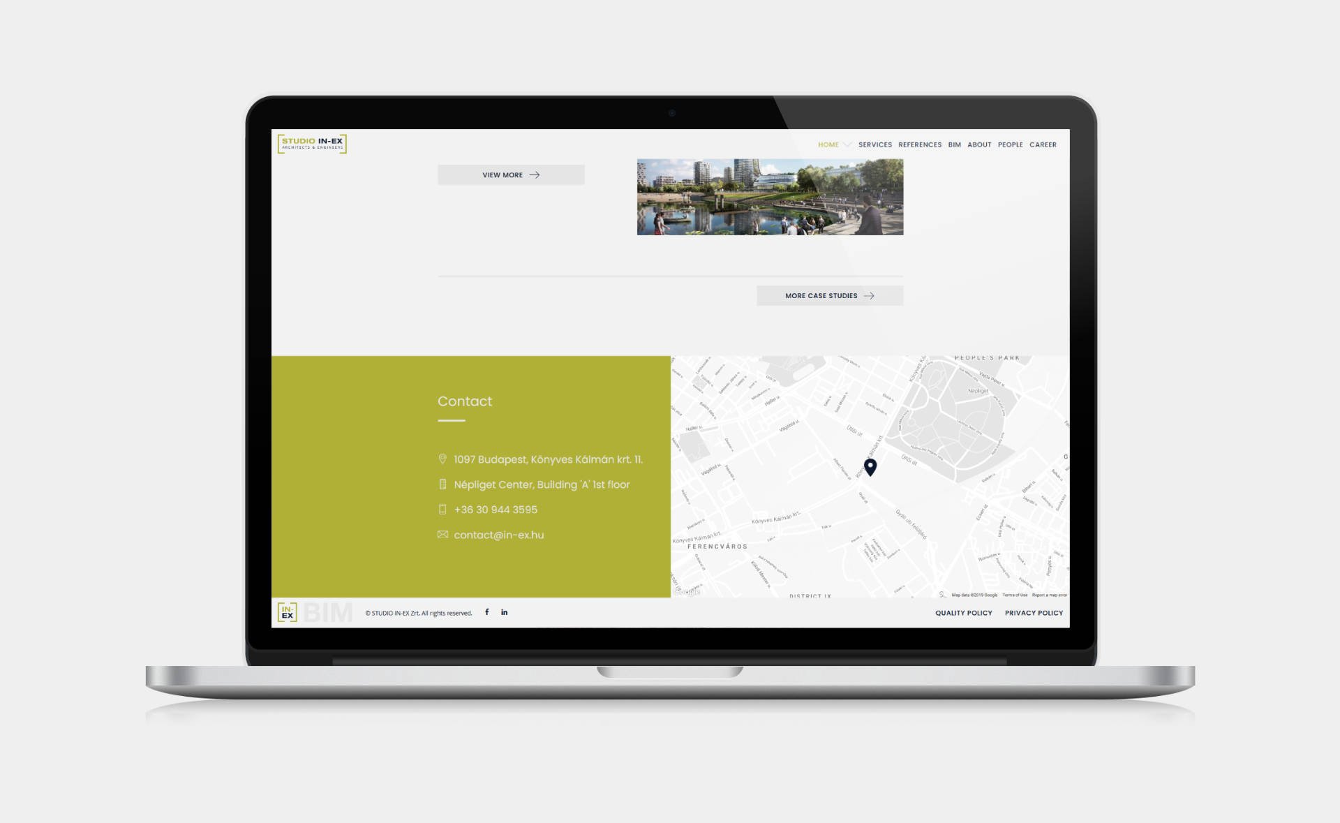 Business website design and development for STUDIO IN-EX Zrt. Home page on desktop