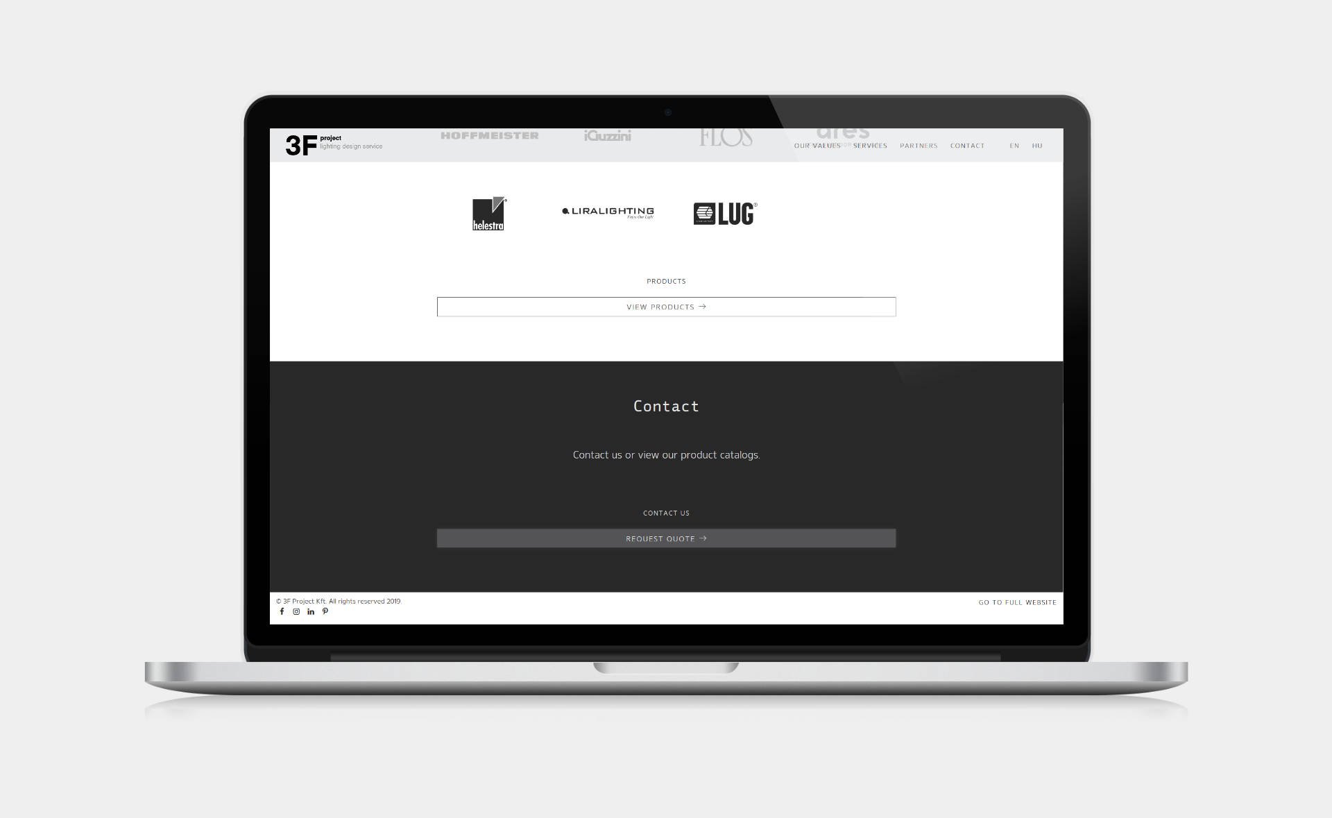Landing page design, and bespoke WordPress website building for 3F Project's retail lighting service home page on desktop