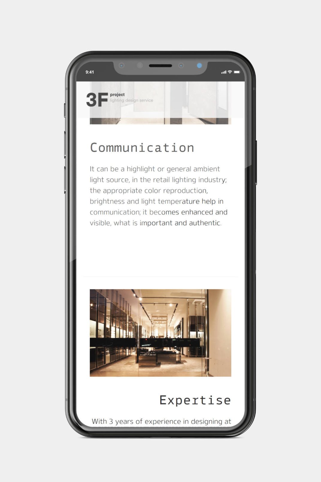 Landing page design, and bespoke WordPress website building for 3F Project's retail lighting service home page on phone