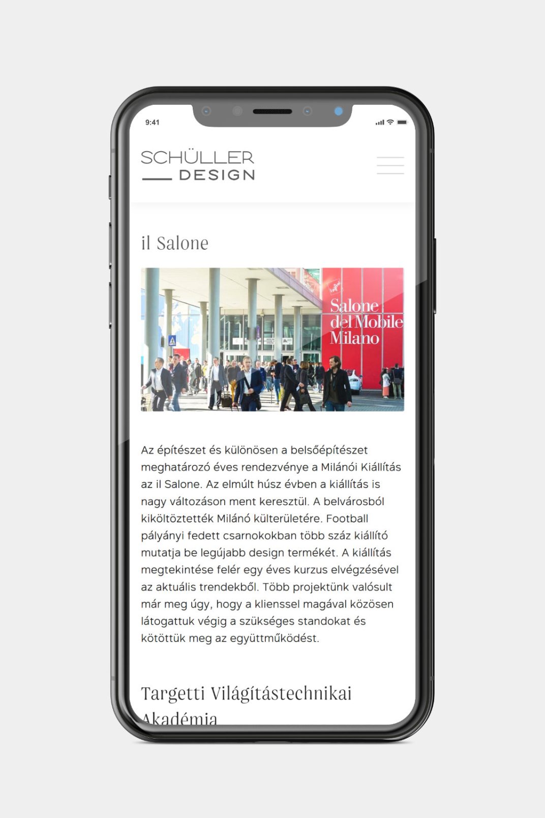 Web design and web development for SCHÜLLER ÉS TÁRSAI design studio about page on phone