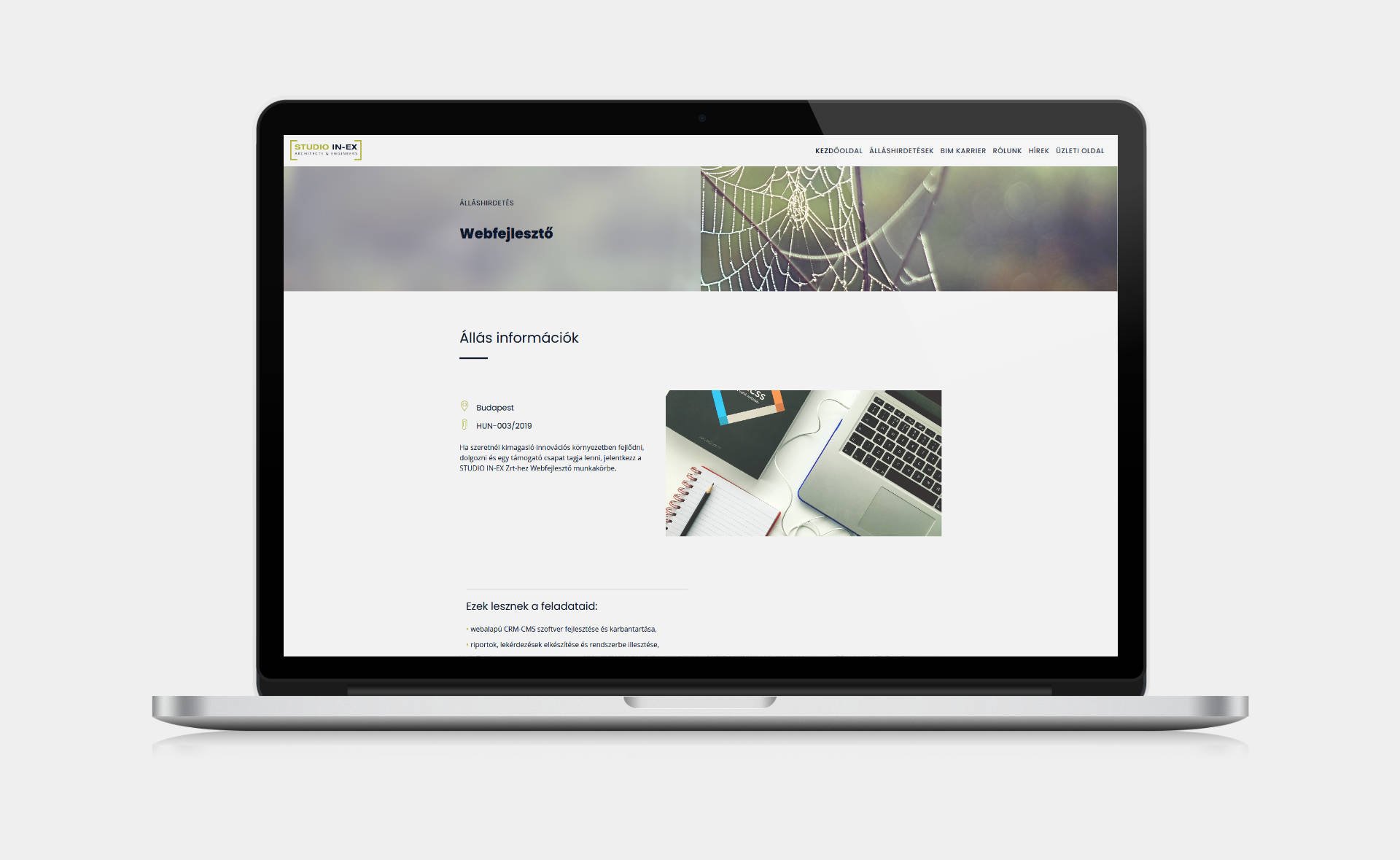 Career portal design and development for STUDIO IN-EX Zrt. Álláshirdetés page on desktop