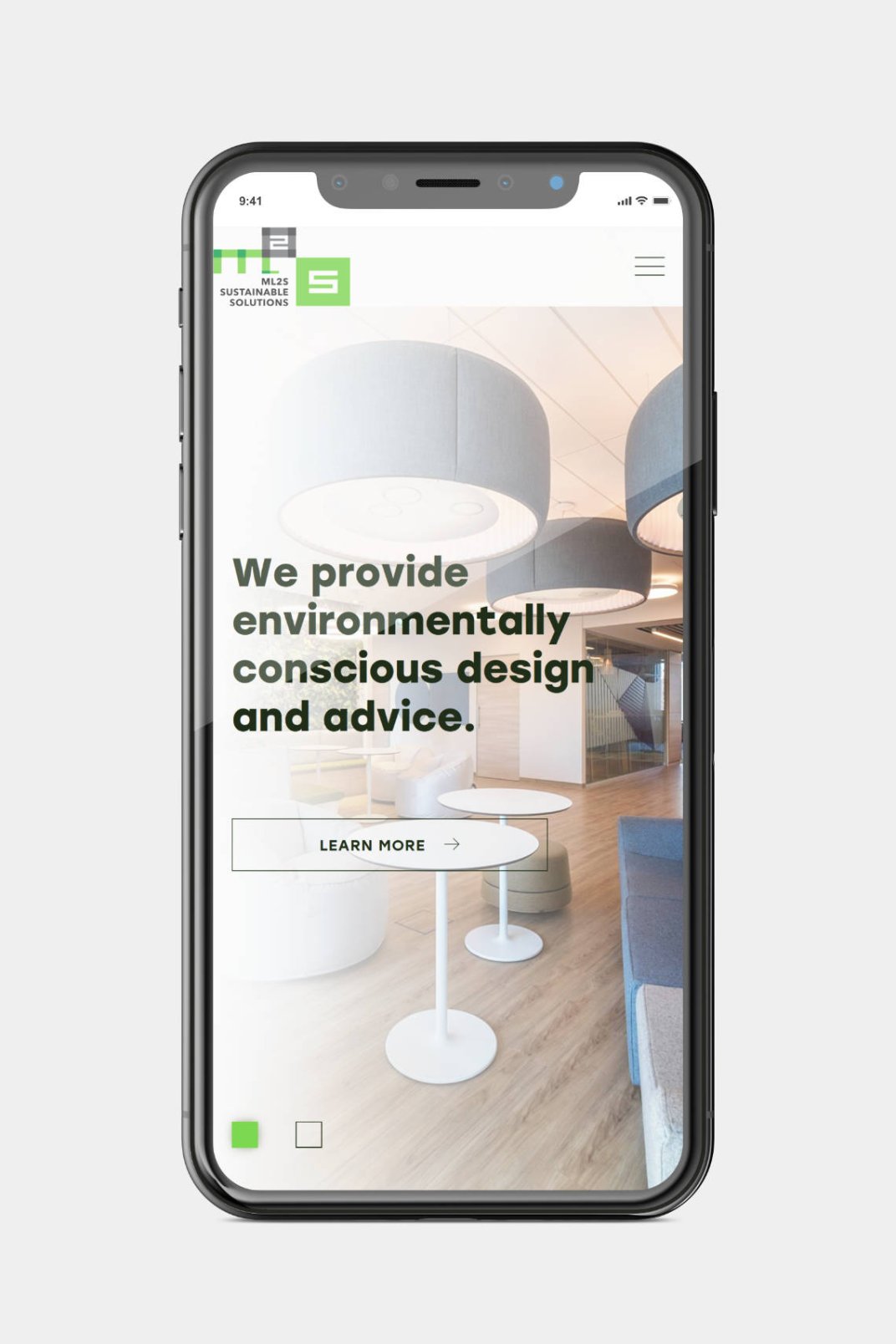Web design, and web development for ML2S Sustainable Solutions Home page on phone