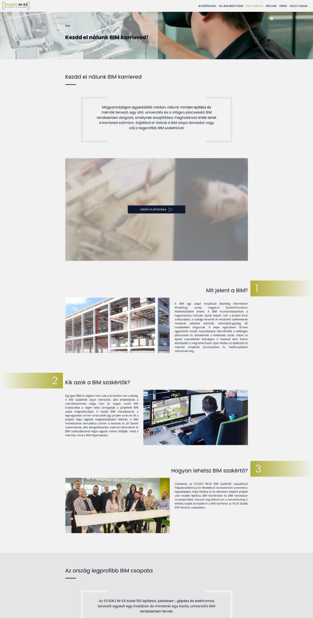 Career portal design and development for STUDIO IN-EX Zrt. BIM karrier page screen