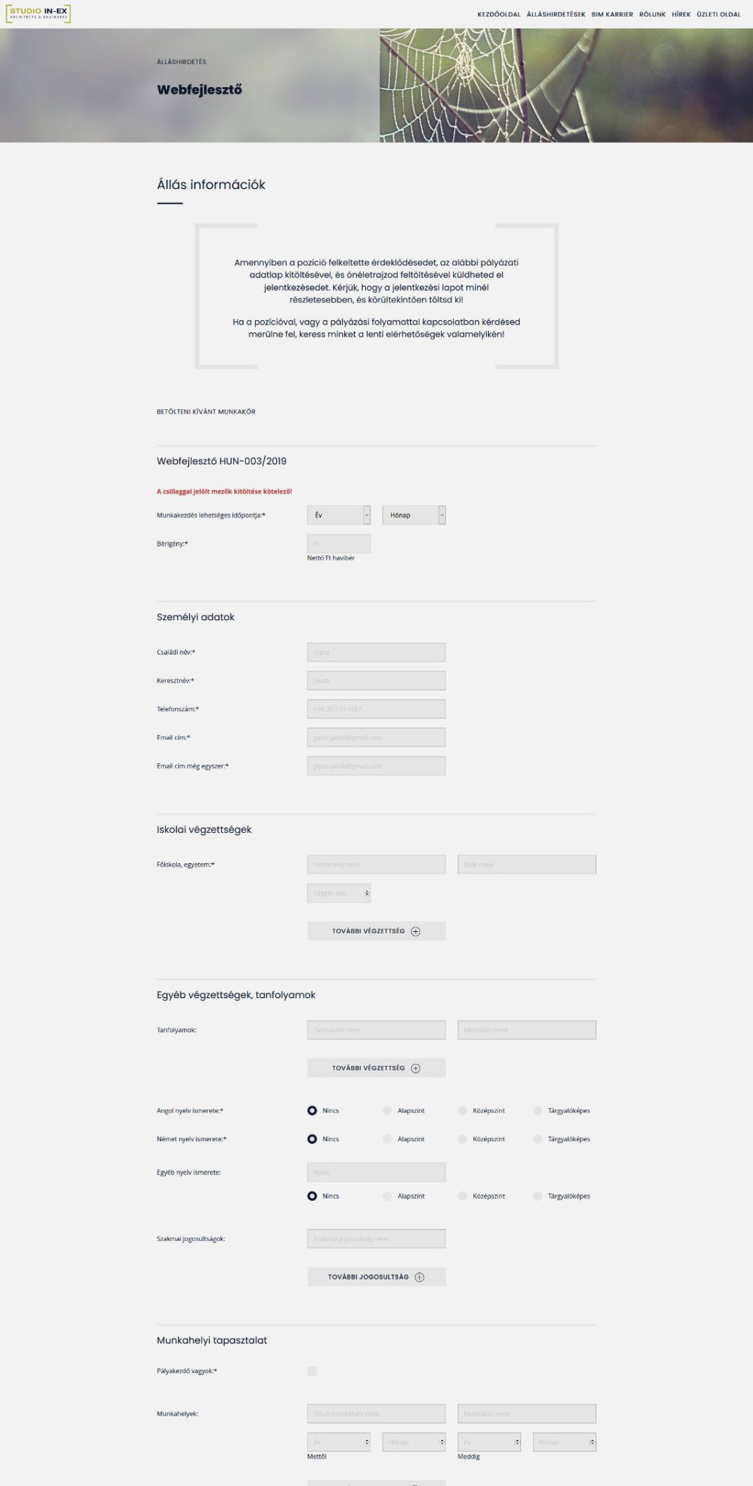 Career portal design and development for STUDIO IN-EX Zrt. recruitment form on desktop