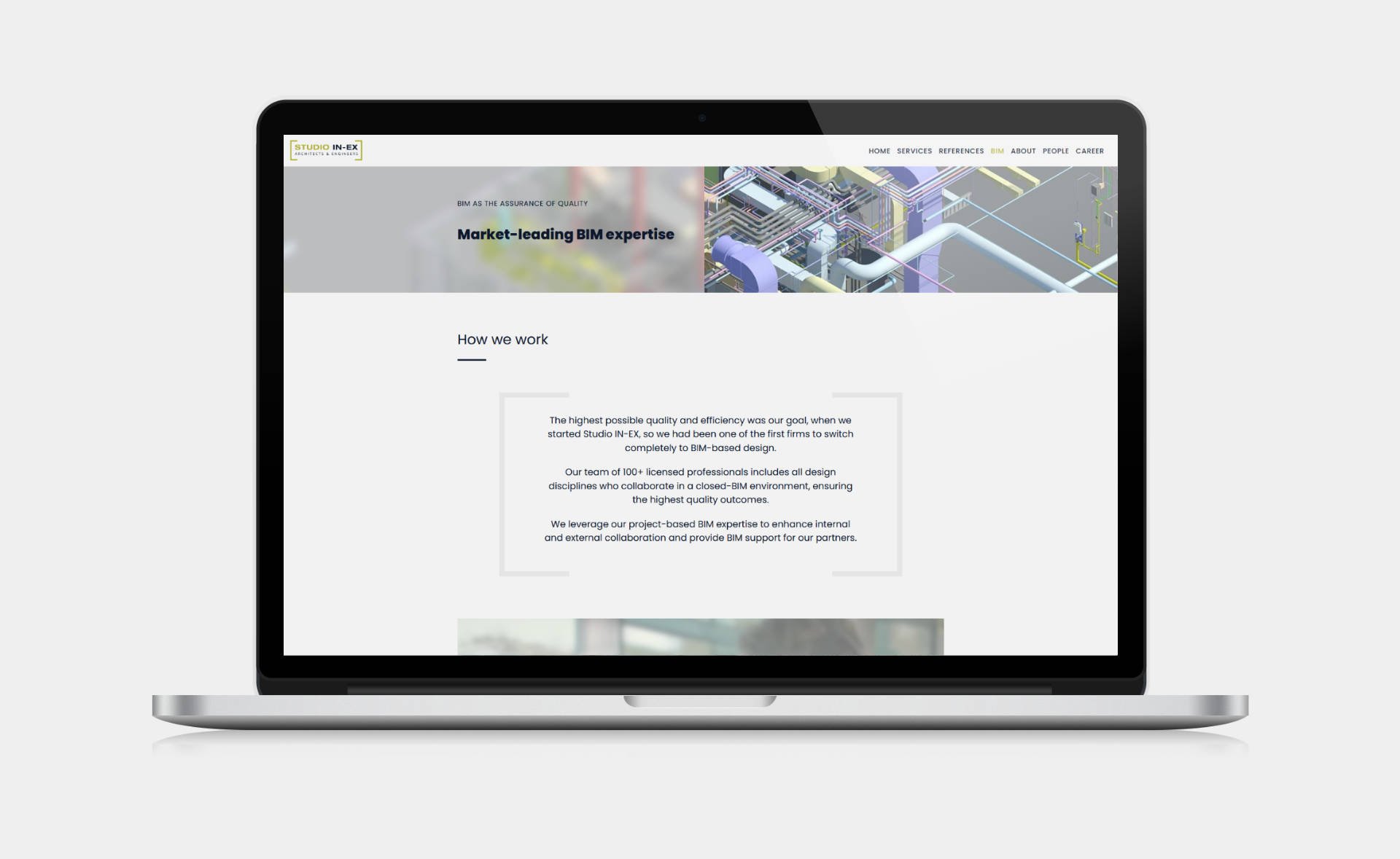 Business website design and development for STUDIO IN-EX Zrt. BIM page on desktop