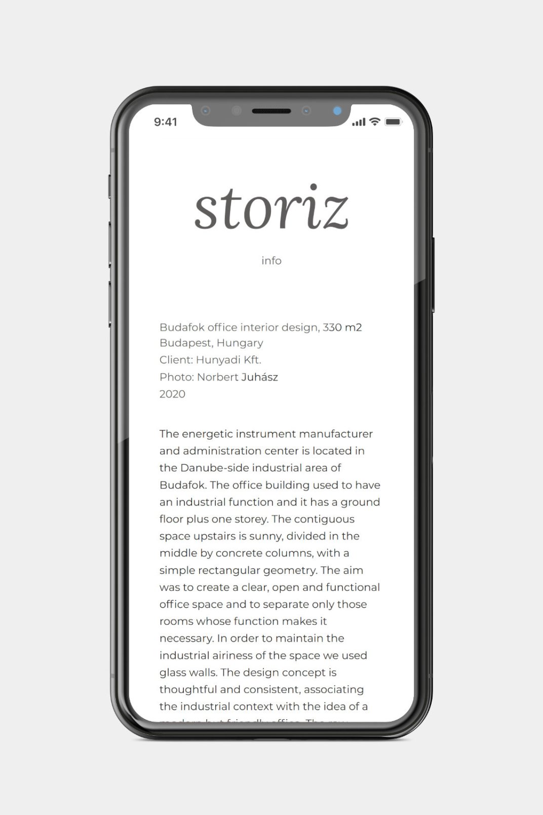 Custom designed website development for studio storiz Project single page on phone