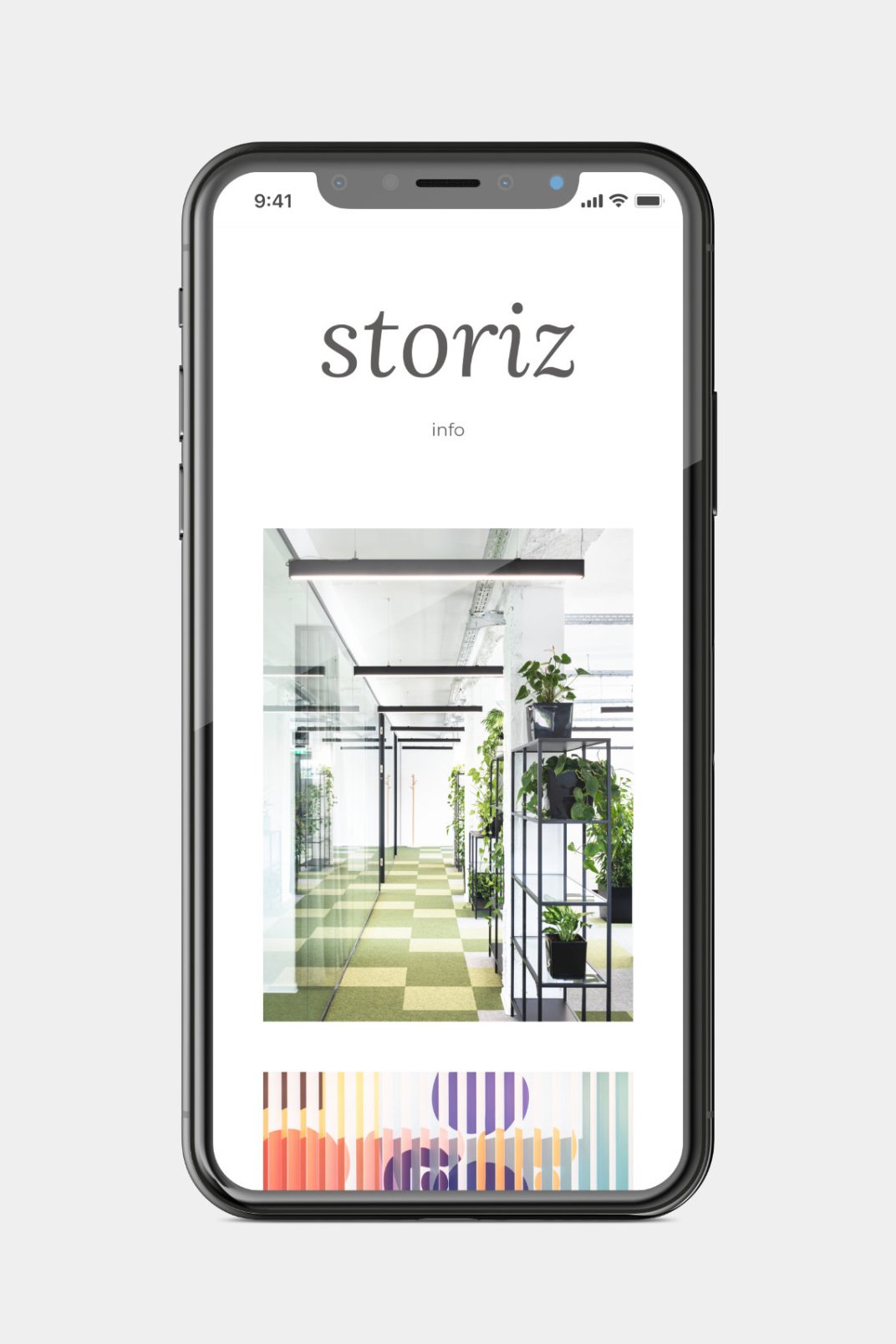 Custom designed website development for studio storiz Home page on phone