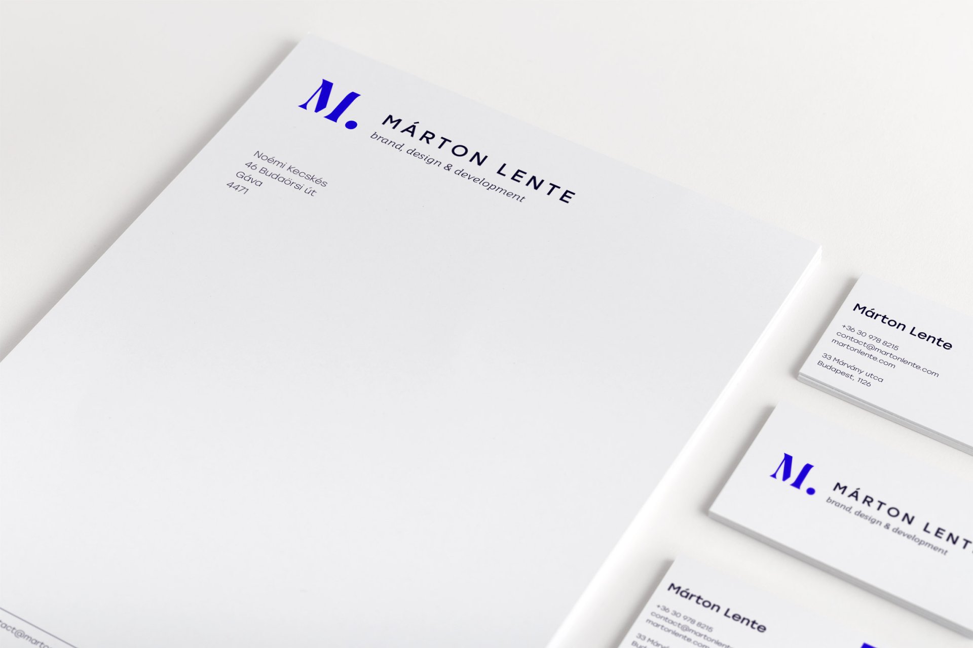 Márton Lente business card and letterhead stationery design