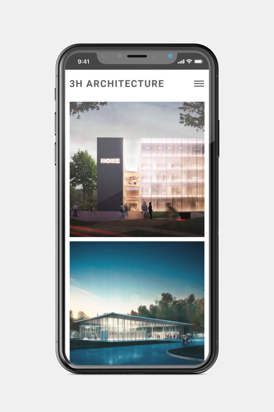 3h Architecture custom designed website development work page on phone