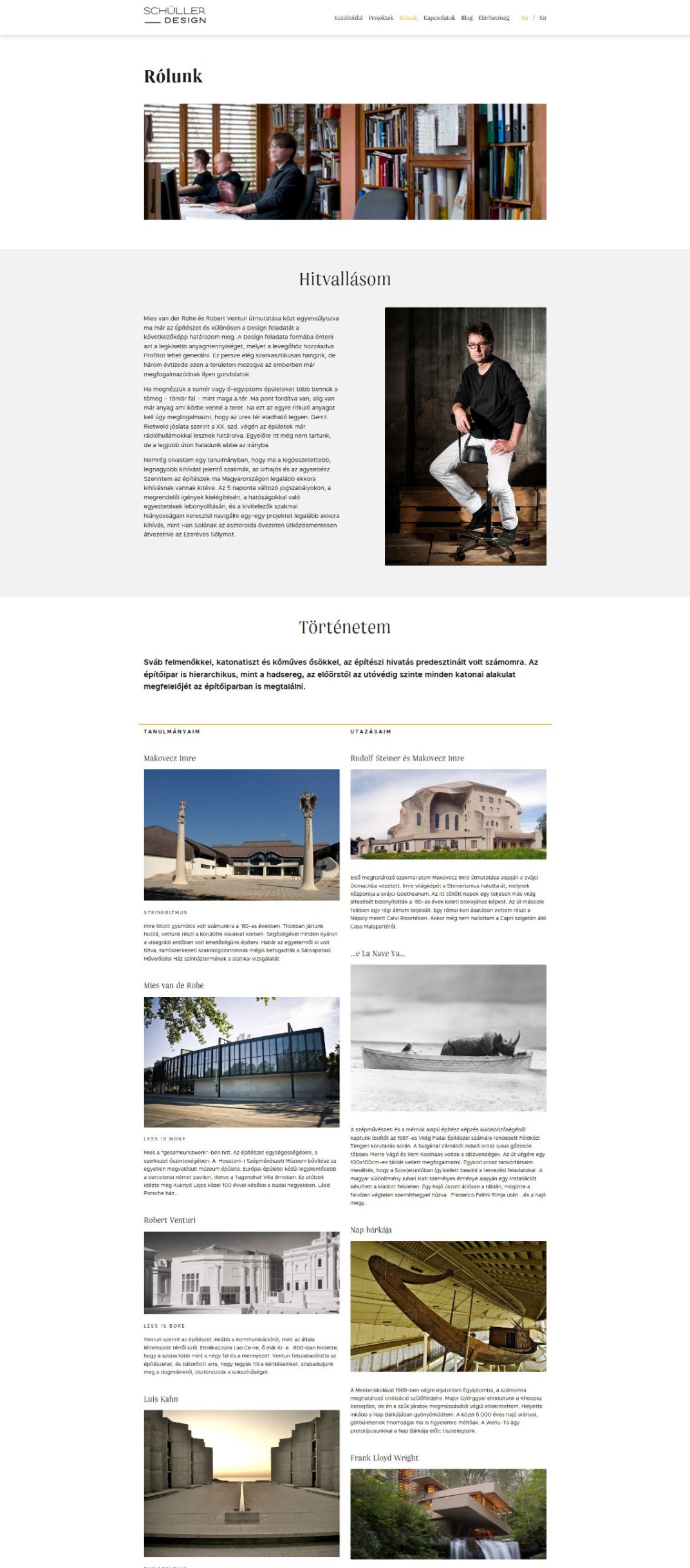 Web design and web development for SCHÜLLER ÉS TÁRSAI design studio about page screen