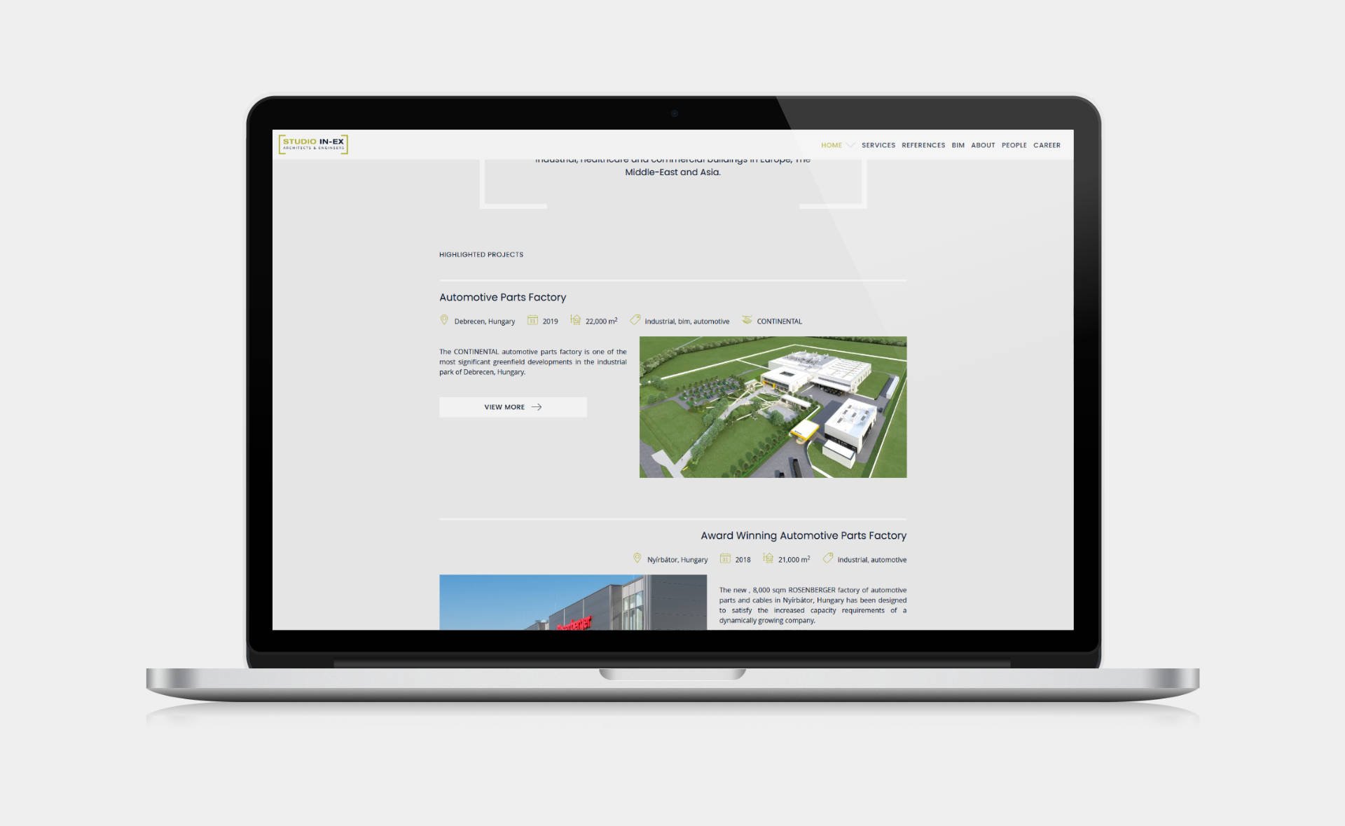 Business website design and development for STUDIO IN-EX Zrt. Home page on desktop