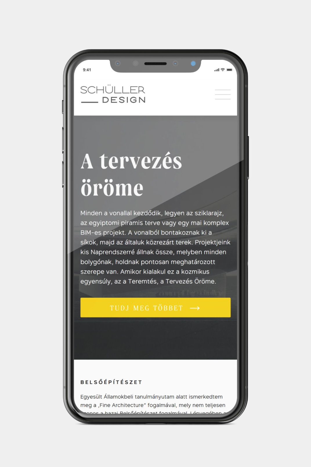 Web design and web development for SCHÜLLER ÉS TÁRSAI design studio home page on phone
