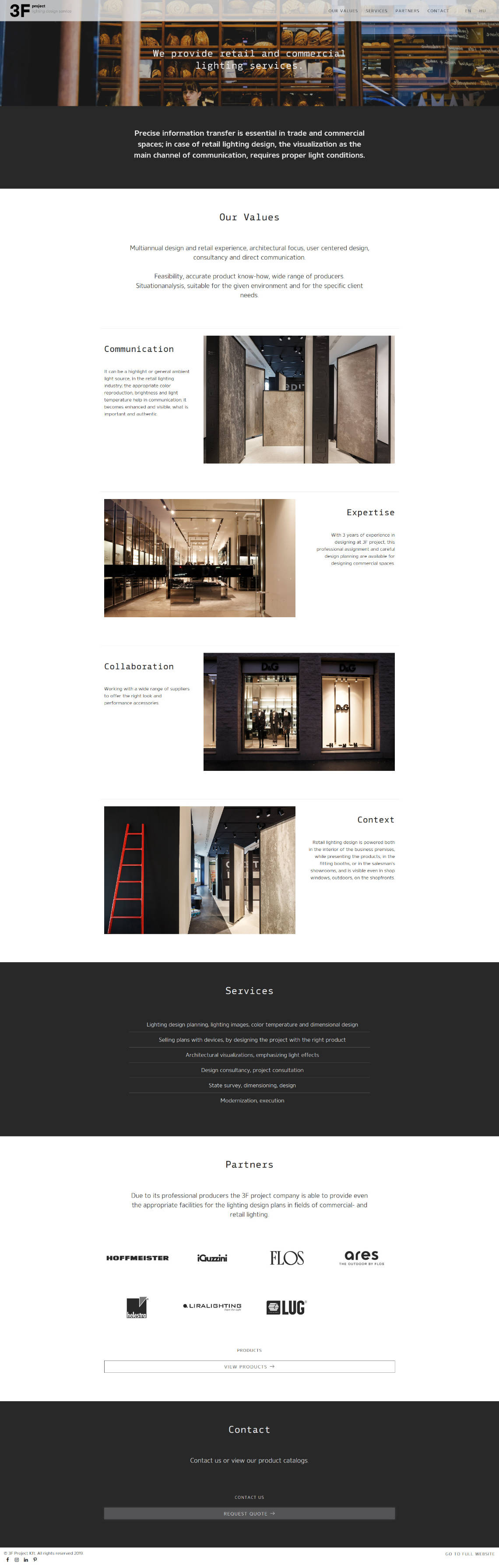 Landing page design, and bespoke WordPress website building for 3F Project's retail lighting service home page screen